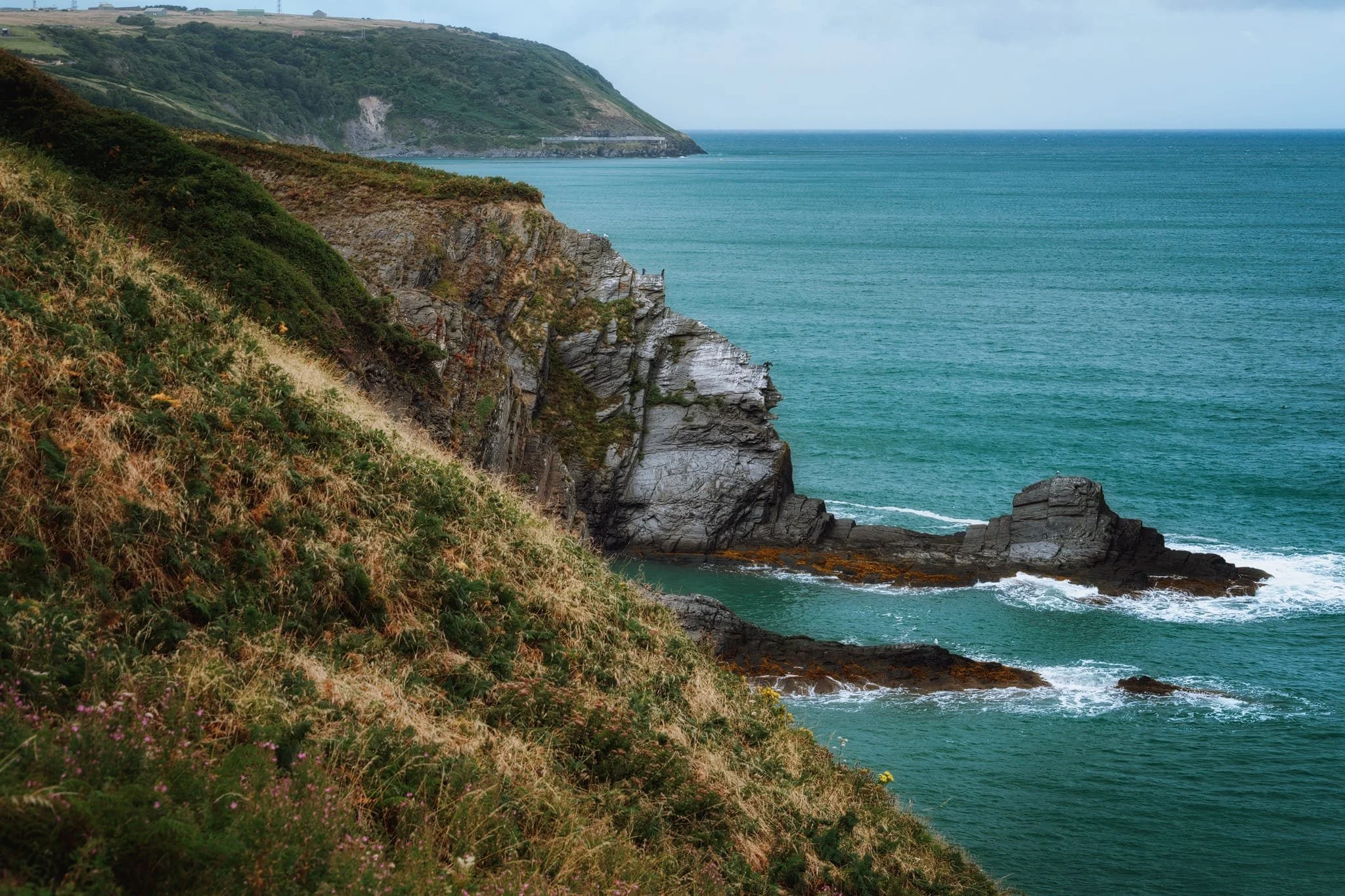 Back on the clifftops, we spotted some cormorants(?)/shags(?) perched on one of the protruding cliffs, airing their wings. I zoomed in tight for this photo, which also includes the Aberport MOD site in the distance.