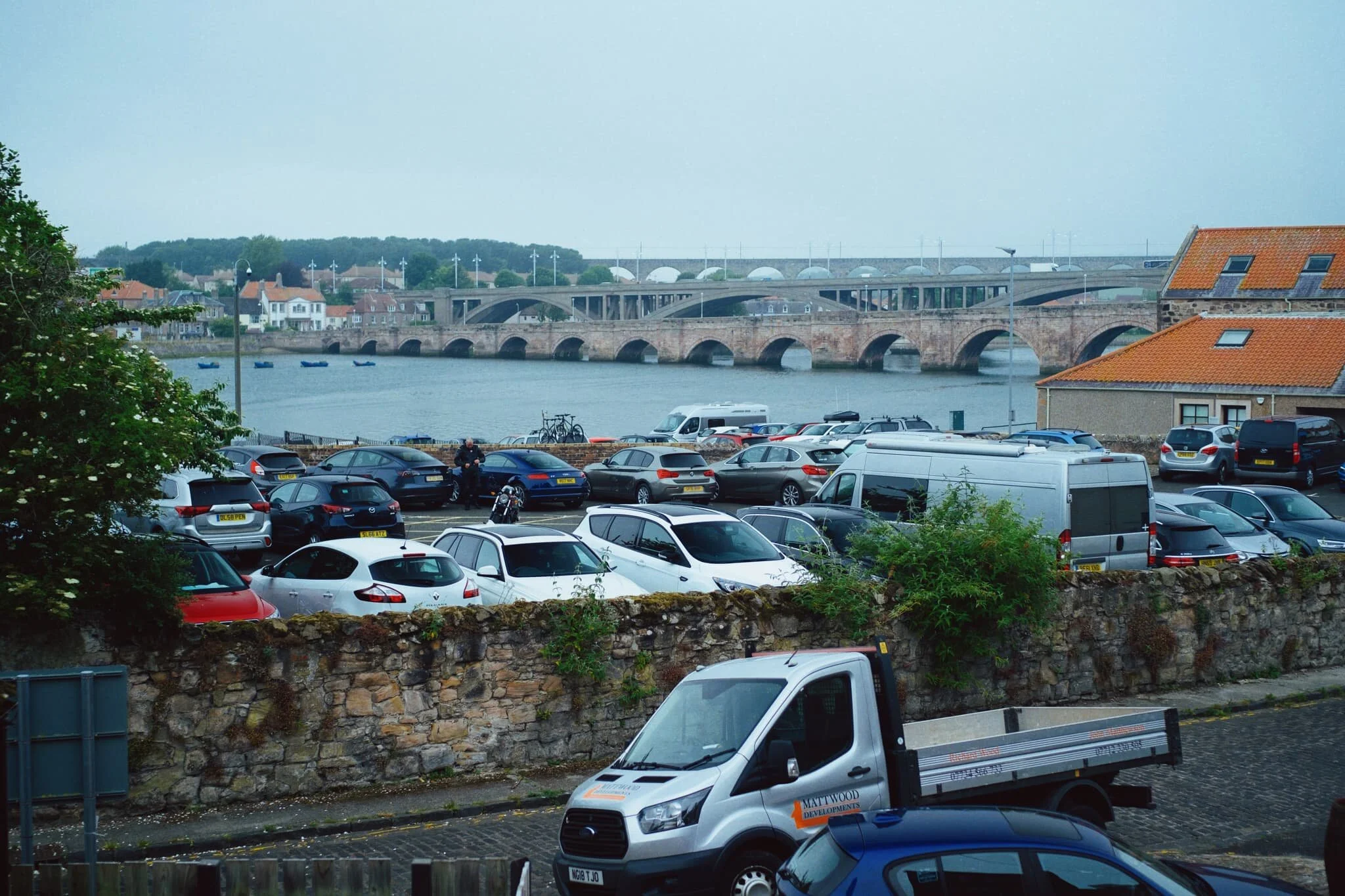 As we approach the North Sea, a look back reveals the three bridges of Berwick, which cross the Tweed.