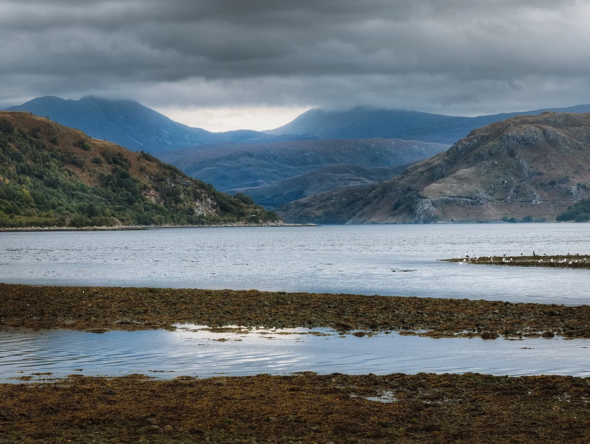 From the old pier, looking all the way up towards Loch Etive’s northeastern head. Darkening clouds above press down on the mountains.