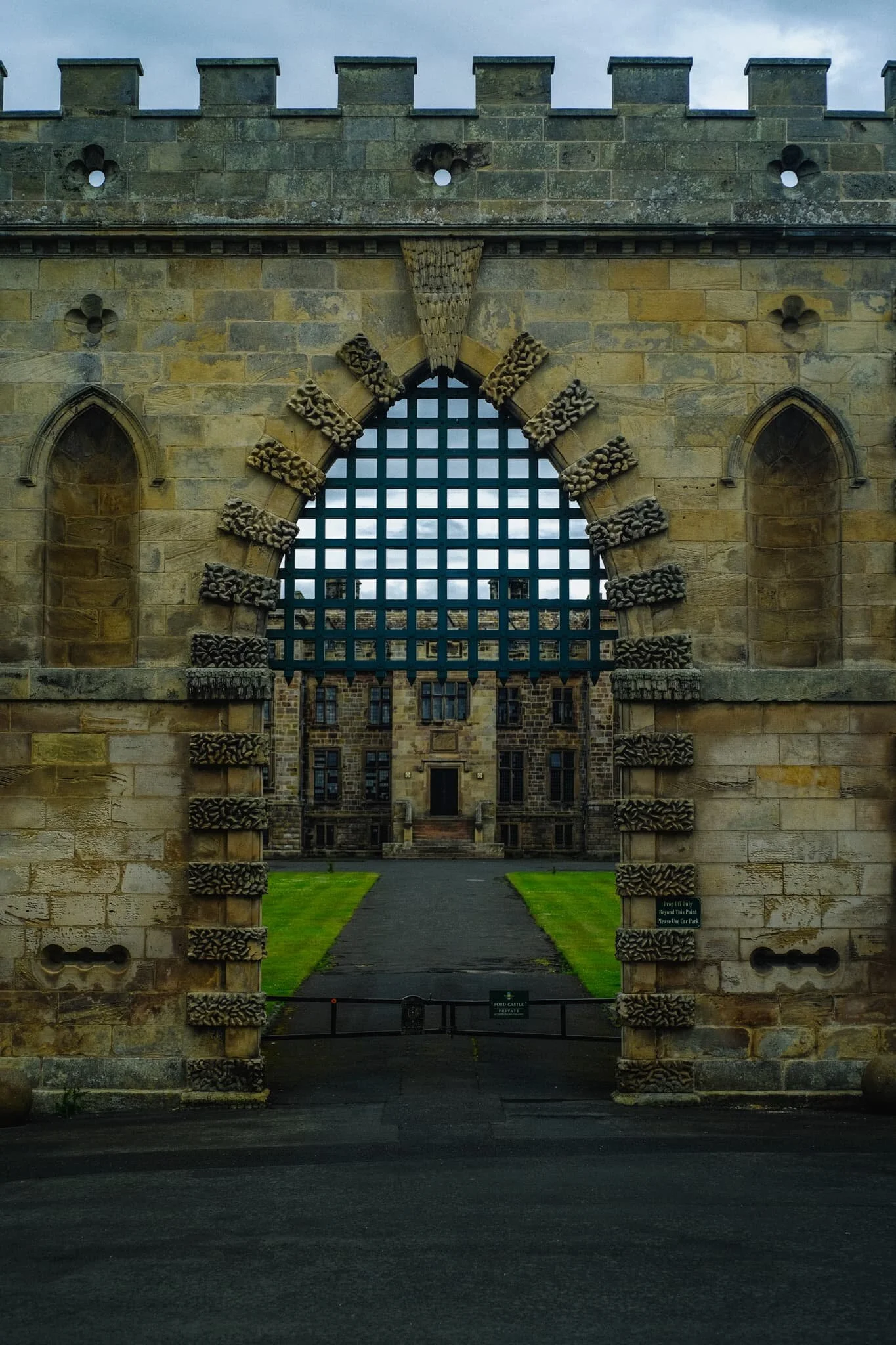 The imposing entrance to Ford Castle, built in 1287 to protect the manor of Ford from the battles between England and Scotland.