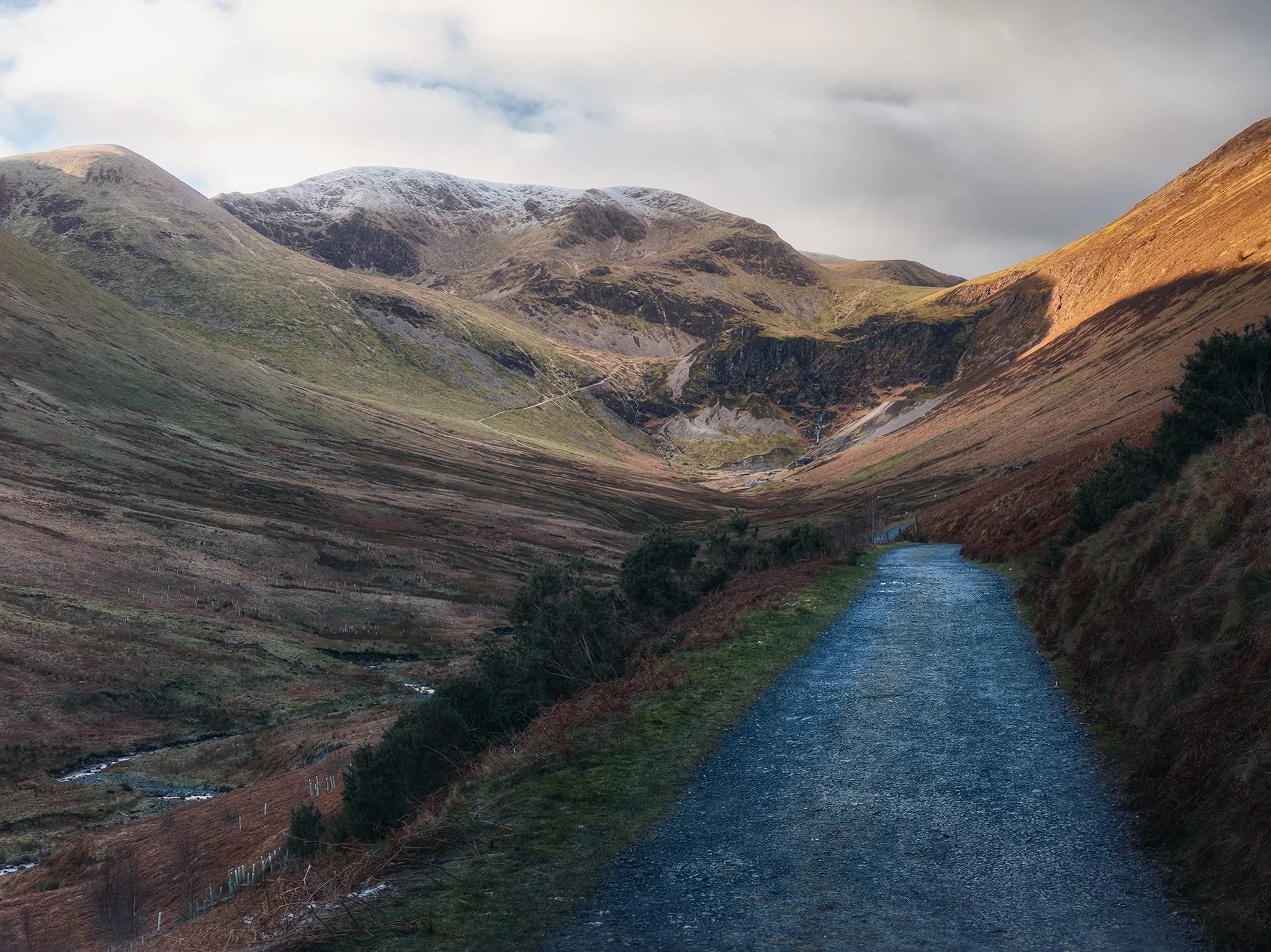 Our destination ahead. The dark Force Crag centre-right, with bulk of Crag Hill (839 m/2,753 ft) looming above Sail (773 m/2,536 ft) just getting its peak in on the left.