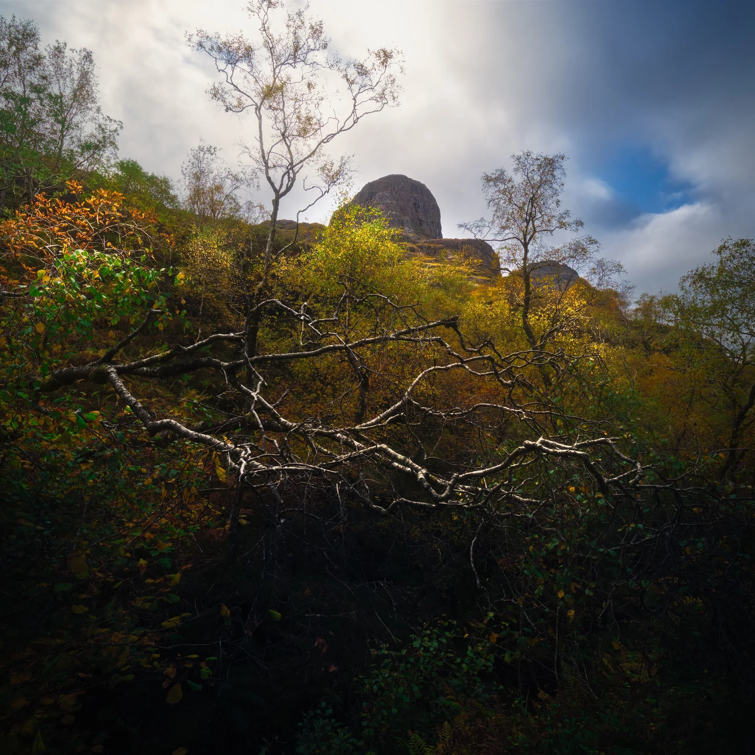 It’s possible to clamber right down into the valley bottom of Glencoe, which near its eastern end forms a steep and deep gorge. With my ultra-wide 9mm lens I was able to get a more unusual perspective looking from the gorge towards the top of the Gearr Aonach .
