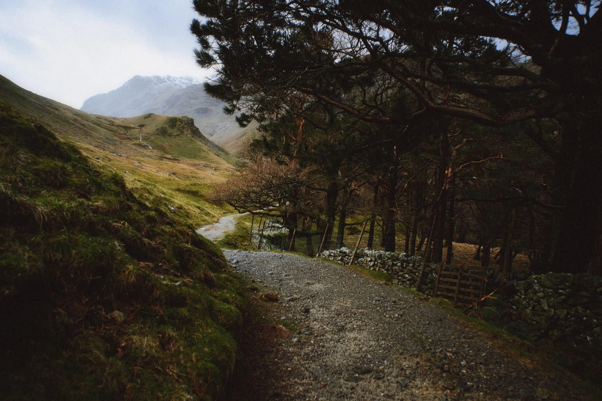 Light finally breaks through the clouds as we retreat further down the valley.