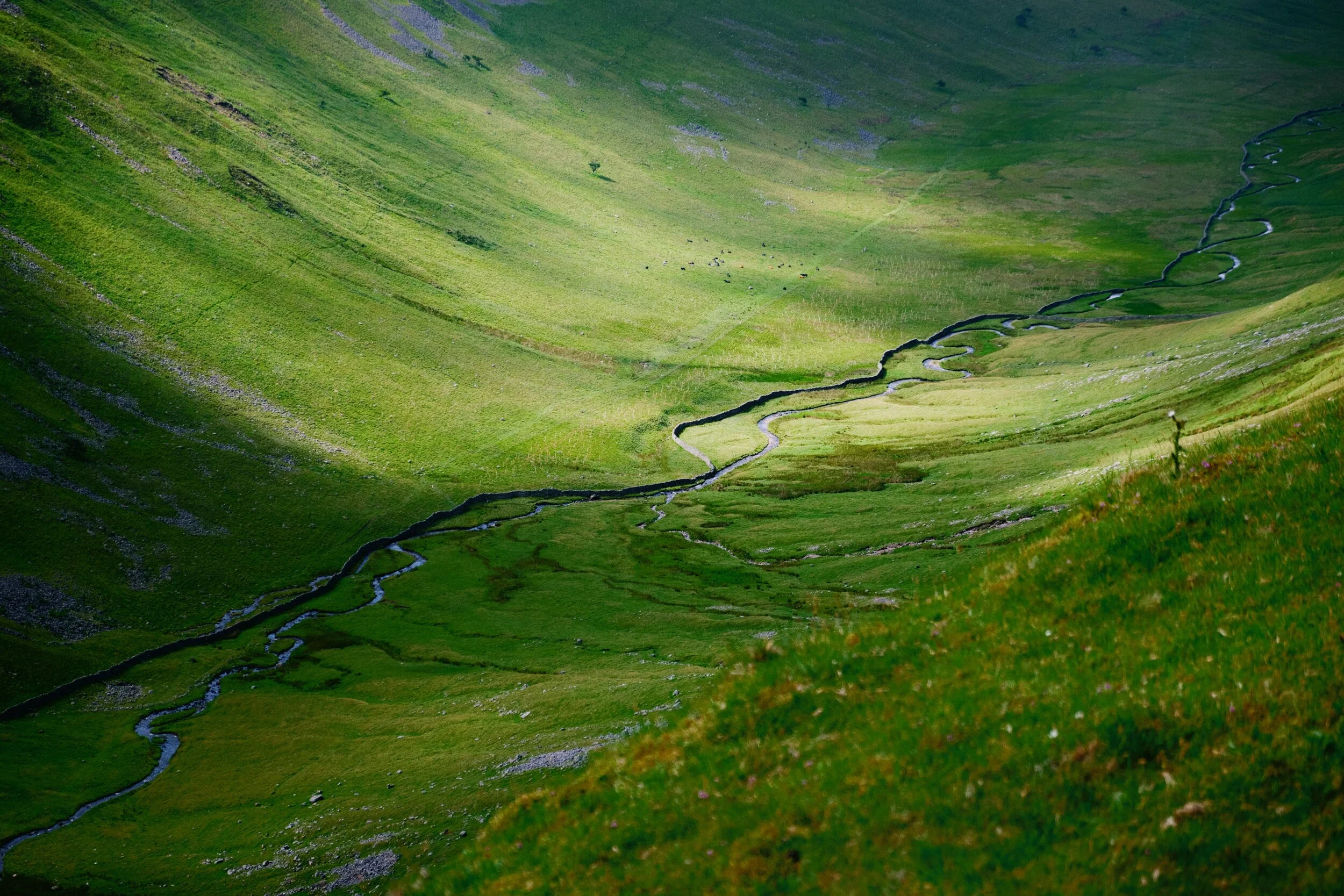 My eye catches a slither of light scanning along the valley floor of High Cup Nick, highlighting the beautiful curves of the valley and the beck snaking its way towards the Eden valley.