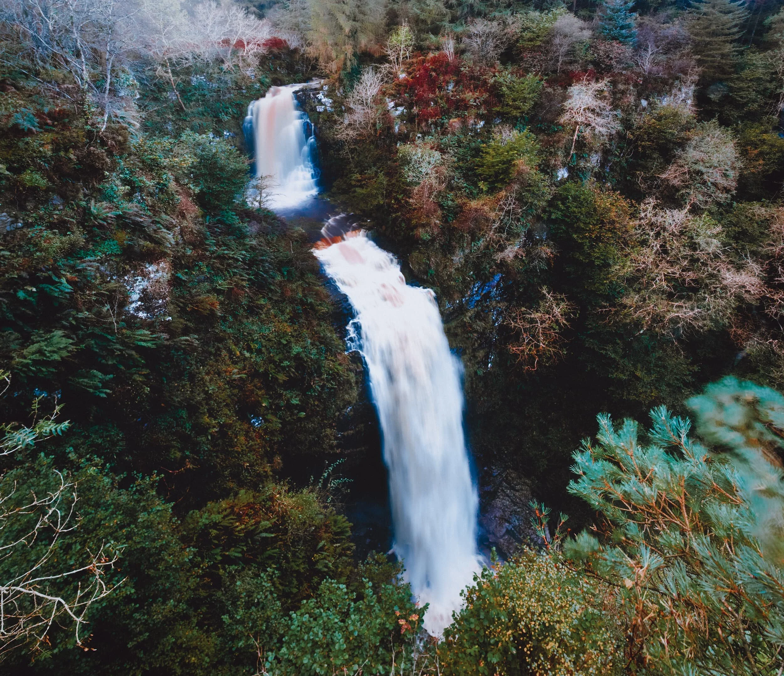 When we ventured back northwards along the southeastern coast of Arran, we stopped at Whiting Bay. There was a walk we knew of that took you to see a rather splendid waterfall. After a fairly strenuous hike, we finally arrived at the viewing point and were absolutely floored by the sight of one of the largest British waterfalls I’ve ever seen. This is Glenashdale Falls, dropping in two stages by around 140 ft. Even with a 14mm lens, I had to shoot three landscape images and stitch them top to bottom in order to fully show the scale of waterfall. Crazy.