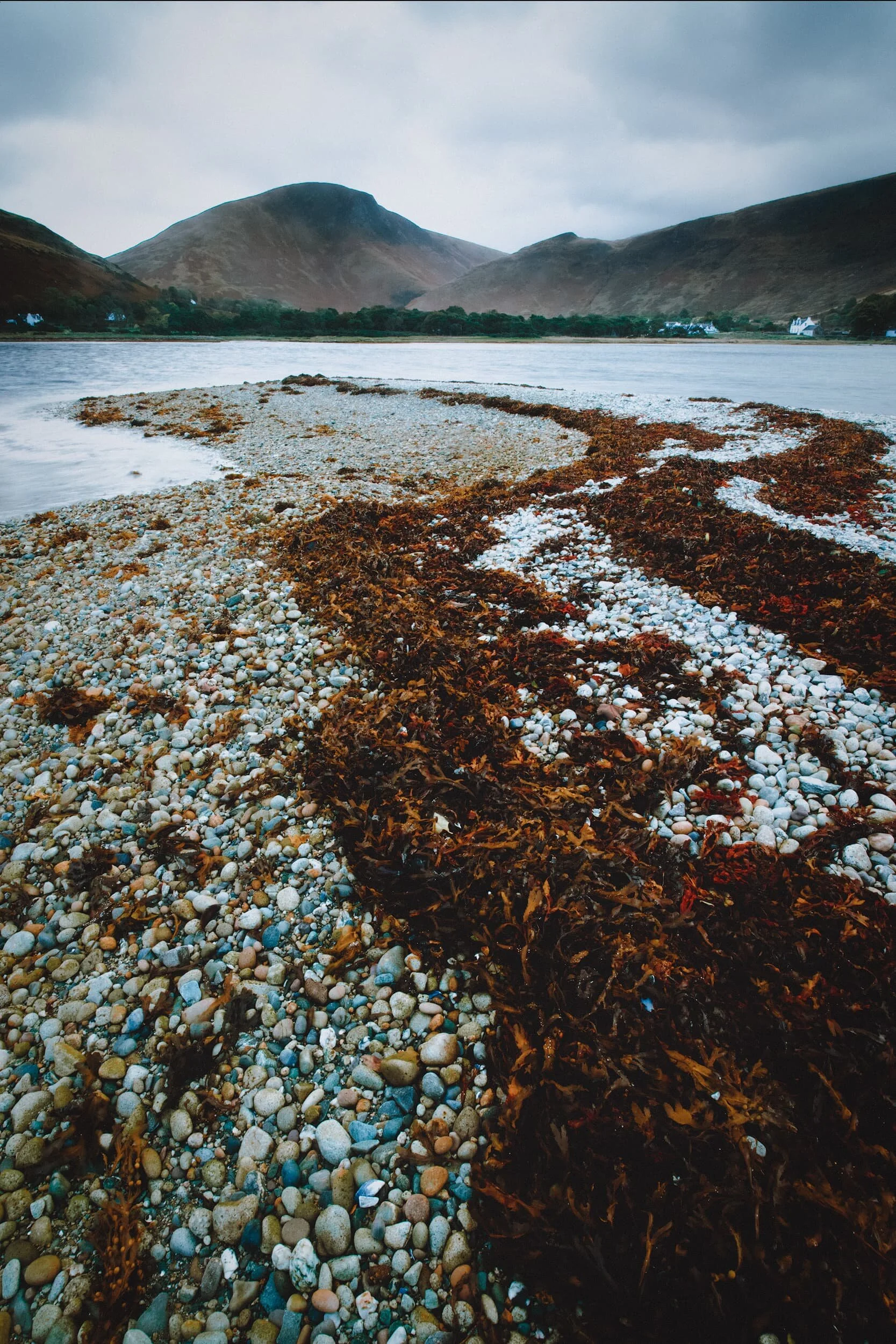 We did have to contend with a full day, maybe two, of non-stop rain. But we ventured whenever we could spot gaps in the downpour. This is a composition from the spit of land that protrudes into Loch Ranza, northwest Arran. The hill featured in the centre is Tòrr Nead an Eoin (325 m/1,066 ft, meaning “crag of birds nests”)