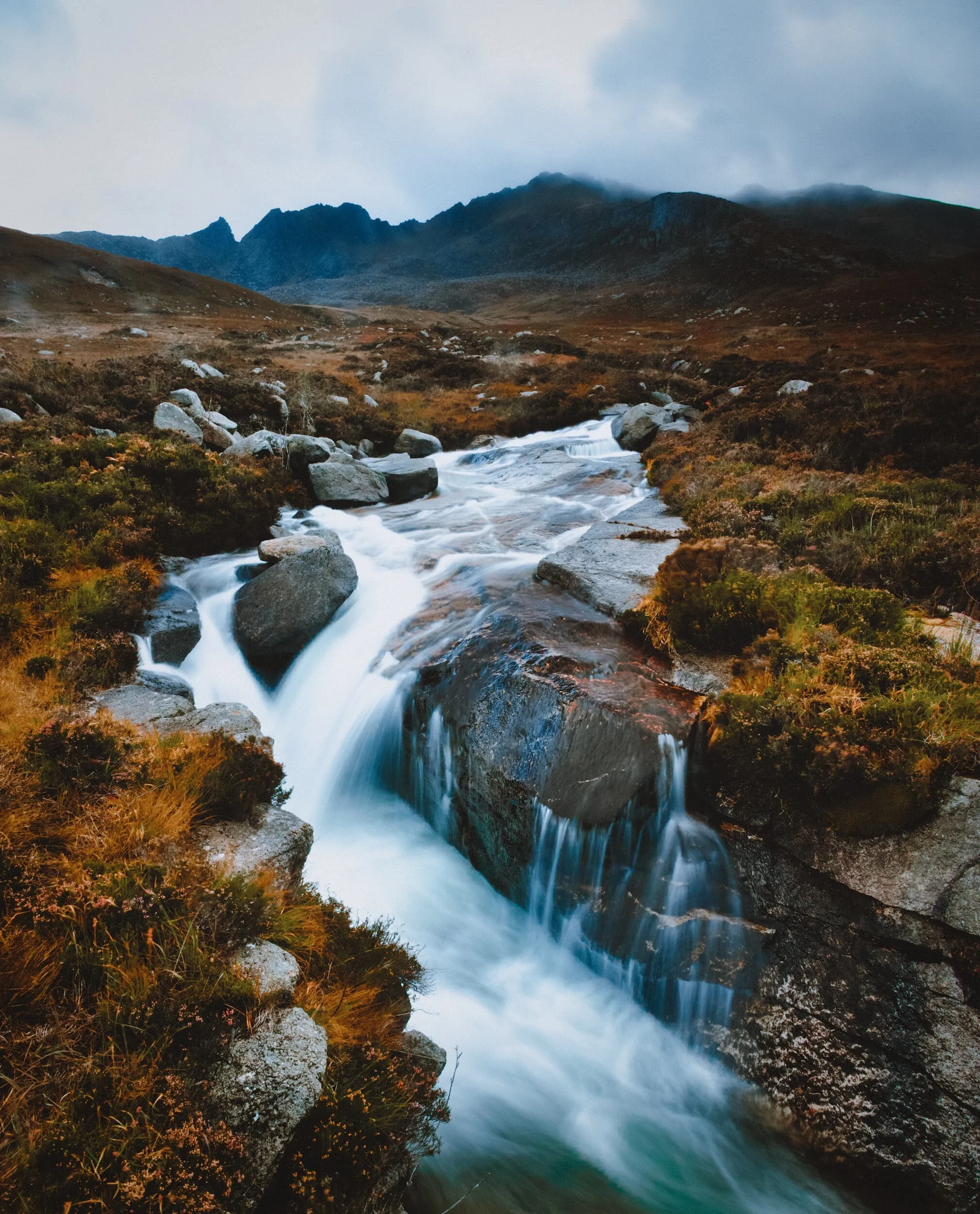 One of the finest compositions I managed to nail in my time on the island. This is North Glen Sannox, looking towards the back of Cir Mhòr and Caisteal Abhail (859 m/2,818 ft, meaning “stronghold of the ptarmigan”). Our hike up this valley was frequently interrupted by passing squalls, but it was so windy that we knew we just had to wait it out and the rain would quickly move on.