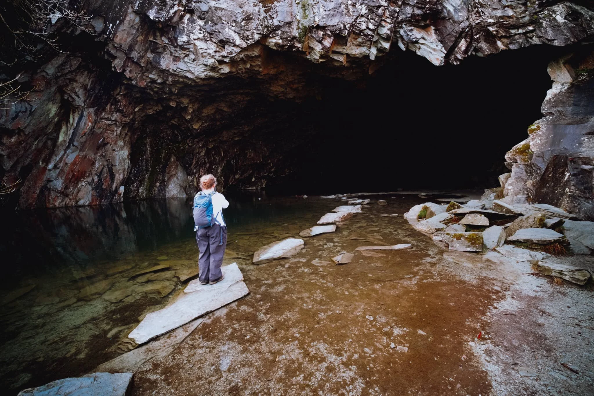 This is Rydal Cave, formerly Loughrigg Quarry, and completely man-made. You can often find ducks and fish milling about in the shallow pools of the cave.