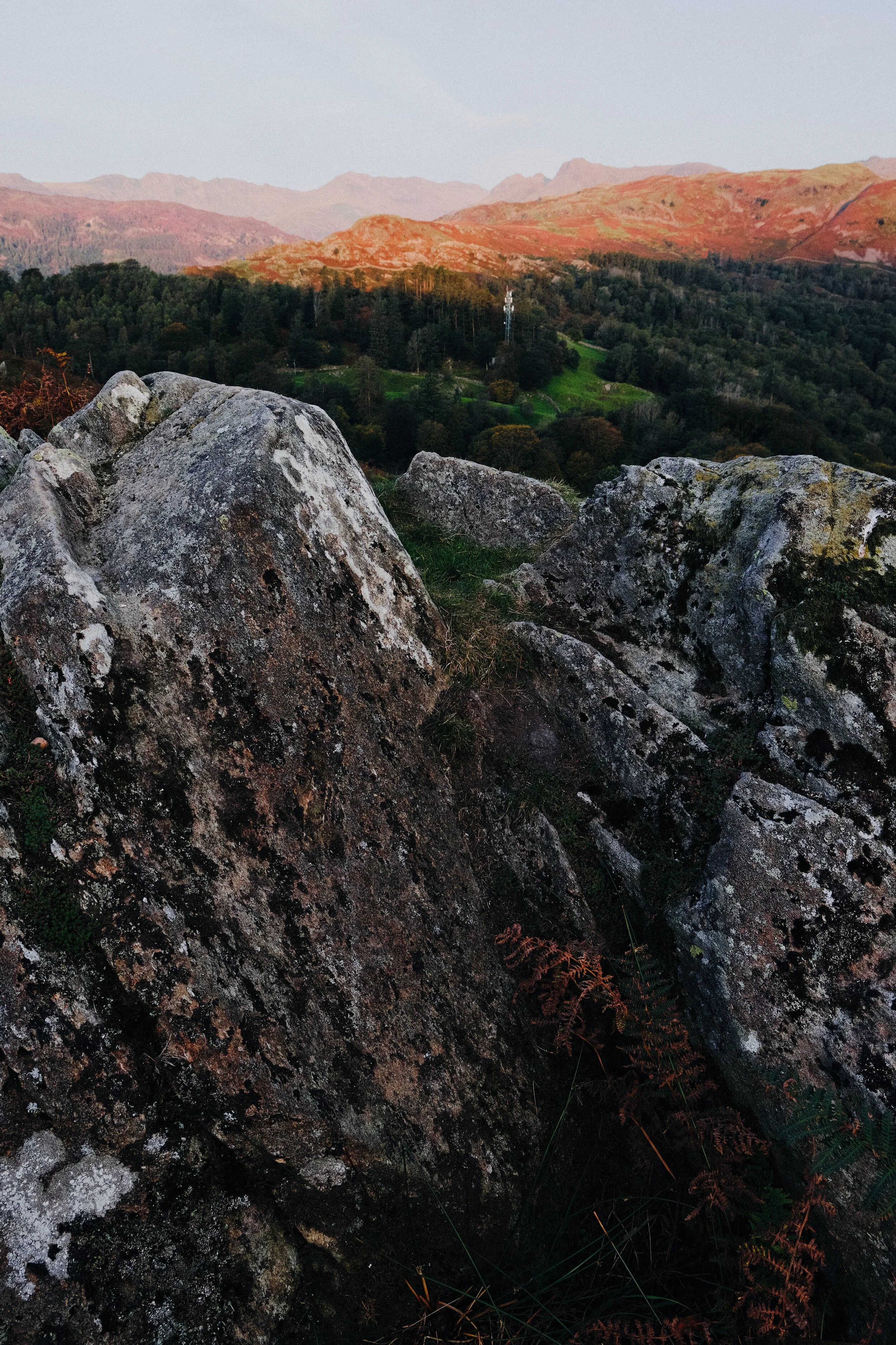 Loughrigg features lots of lovely crags from which you can take your pick of compositions towards the distant fells. Here I pointed the camera towards the Langdale Pikes as they started to glow.