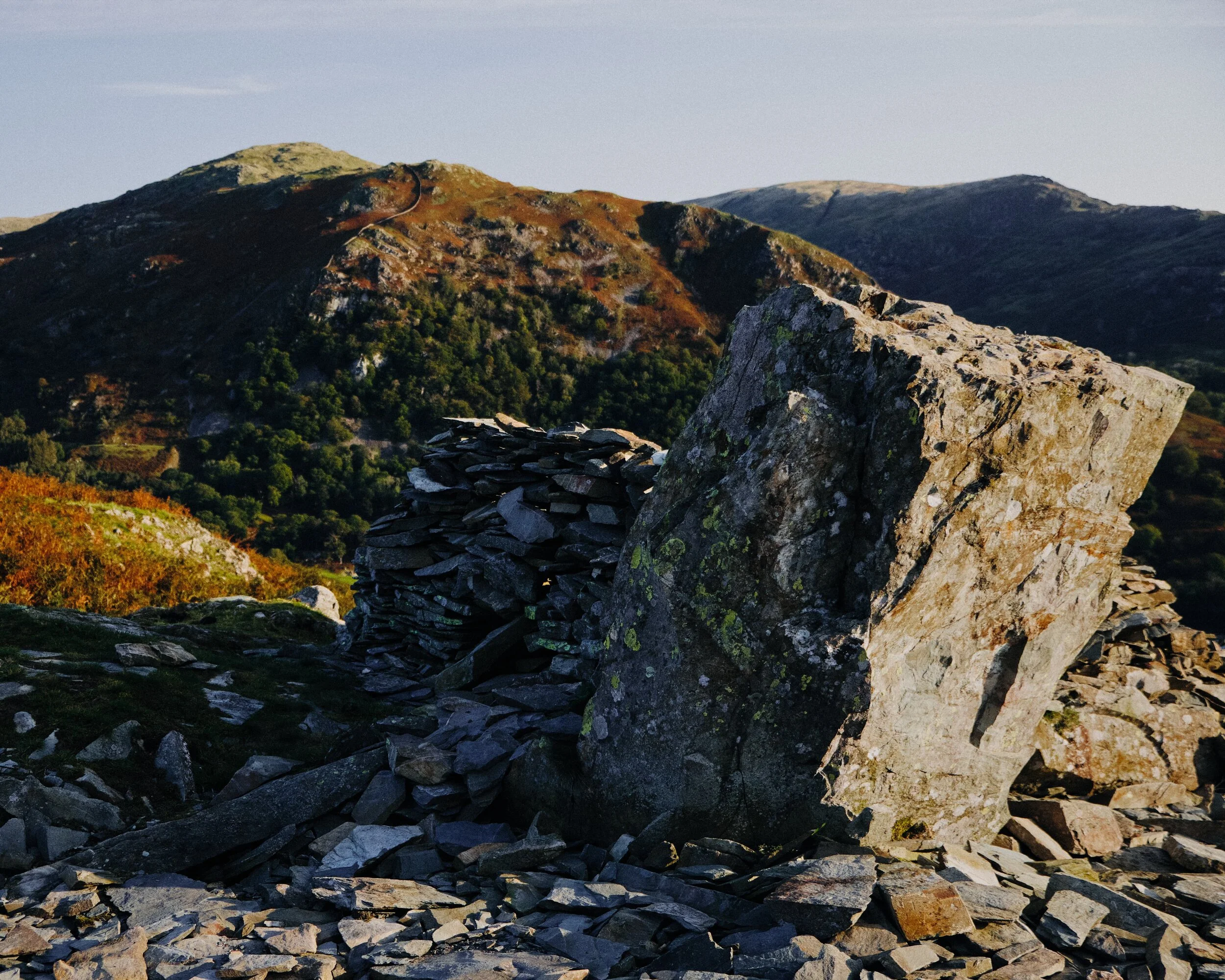 Near Loughrigg’s northeastern slopes you can find increasing evidence of quarrying. Here we found a deposit of slate, forming a little mound of its own.