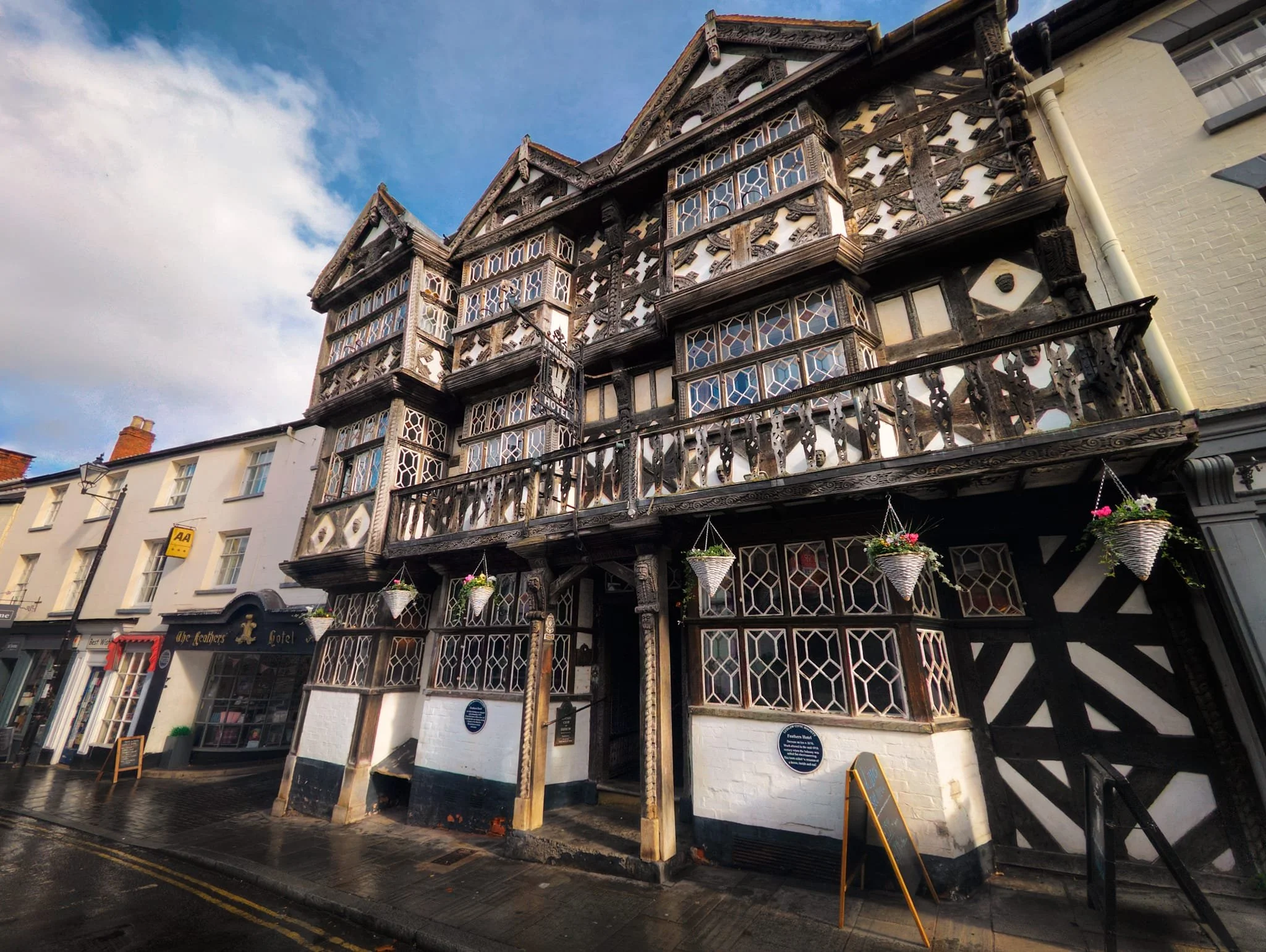 This is one of Ludlow’s more famous buildings, the Feathers Hotel . It was built in 1619 CE for an attorney from Pembrokeshire. Apparently upon conversion to a hotel none of this older features of this building was touched. It is still in use as a hotel; we went inside for lunch and its every bit as cosy as you could imagine.