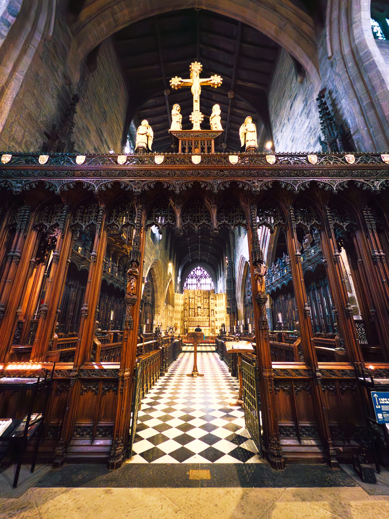 Looking through the cathedral’s Quire and its wooden screen towards the High Altar.