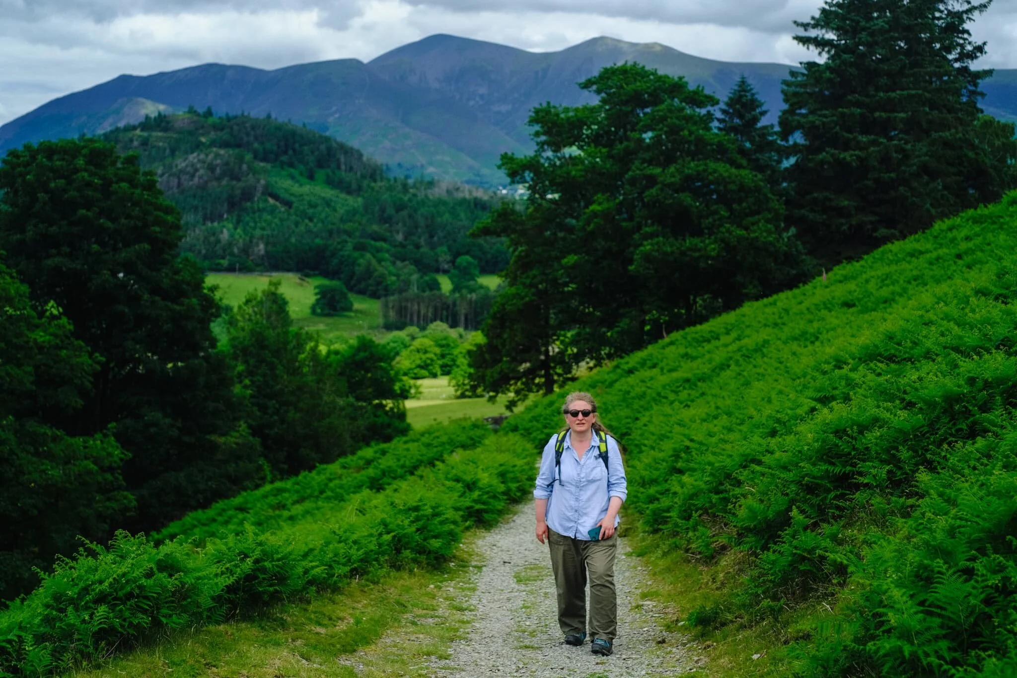 Looking back the way we came, with the massive Skiddaw range looming above Keswick. My lovely Lisabet looking, well, lovely!