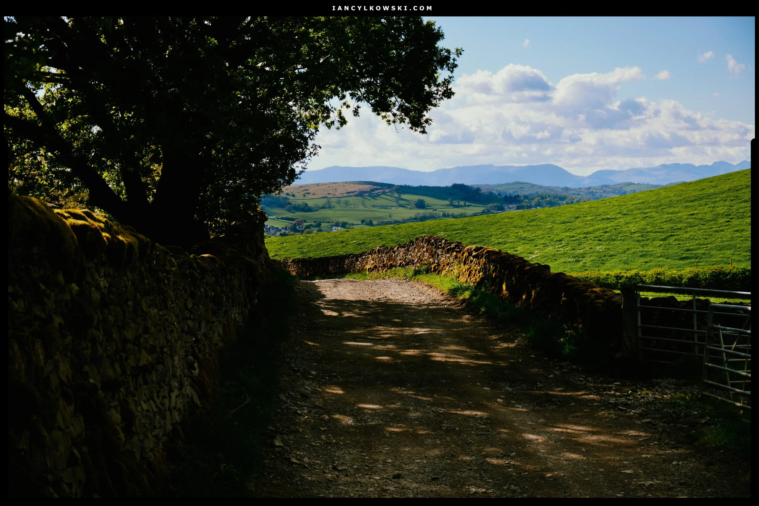 Popping out of the woods and looking back to the slopes above Kendal and the Lakeland fells beyond.