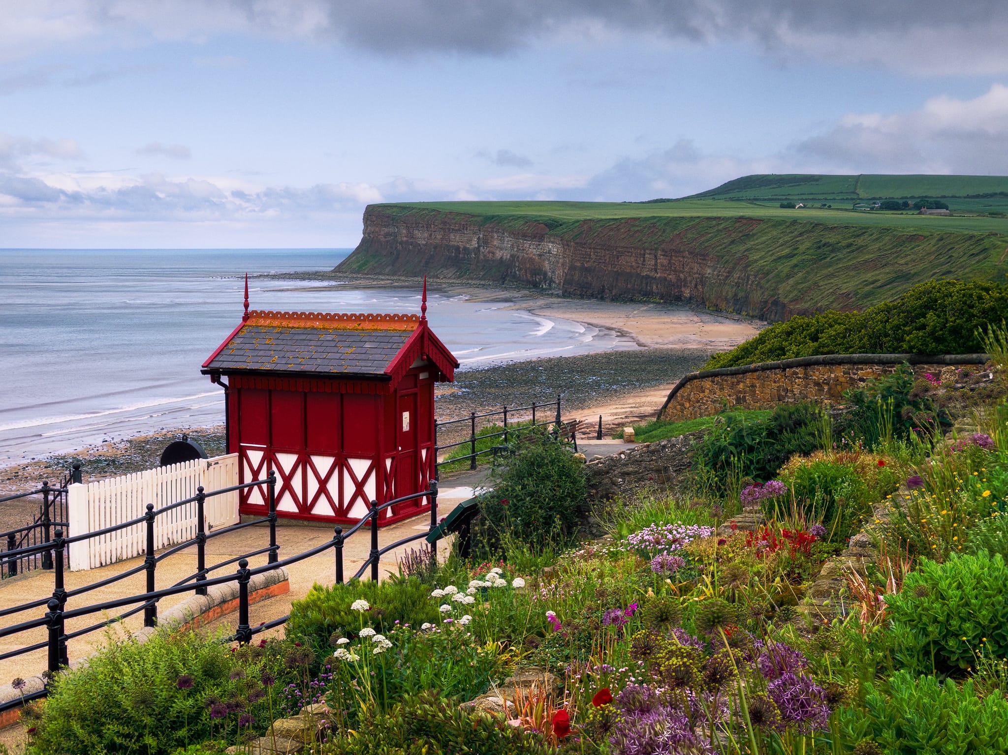 Back at Saltburn Fossil Gardens, featuring the Cliff Lift building and the southern cliffs.