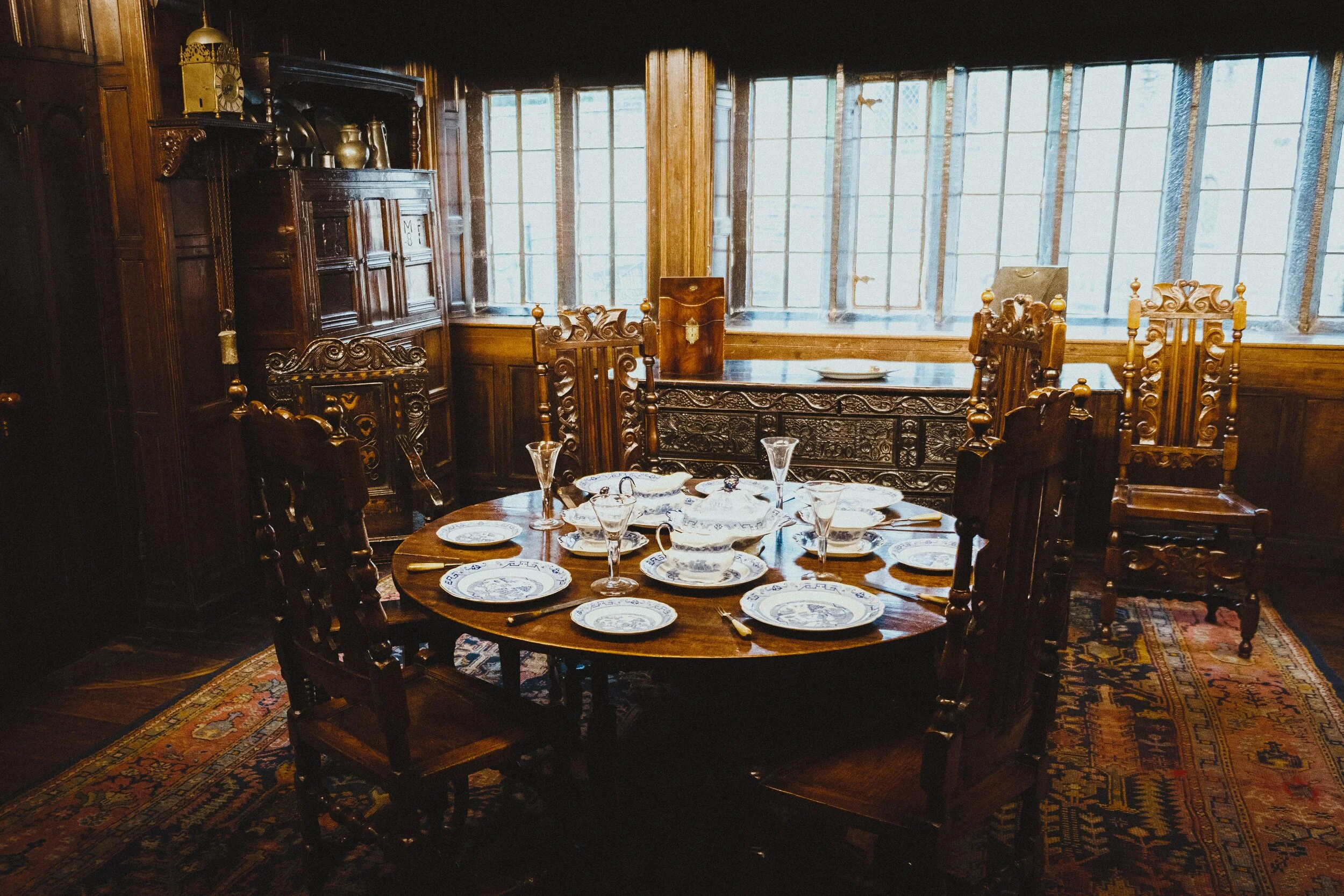 The Dining Room. One thing that struck me about Shibden Hall was how much wood was used. And also the sheer level of detail in the intricate carvings on the chair backs.
