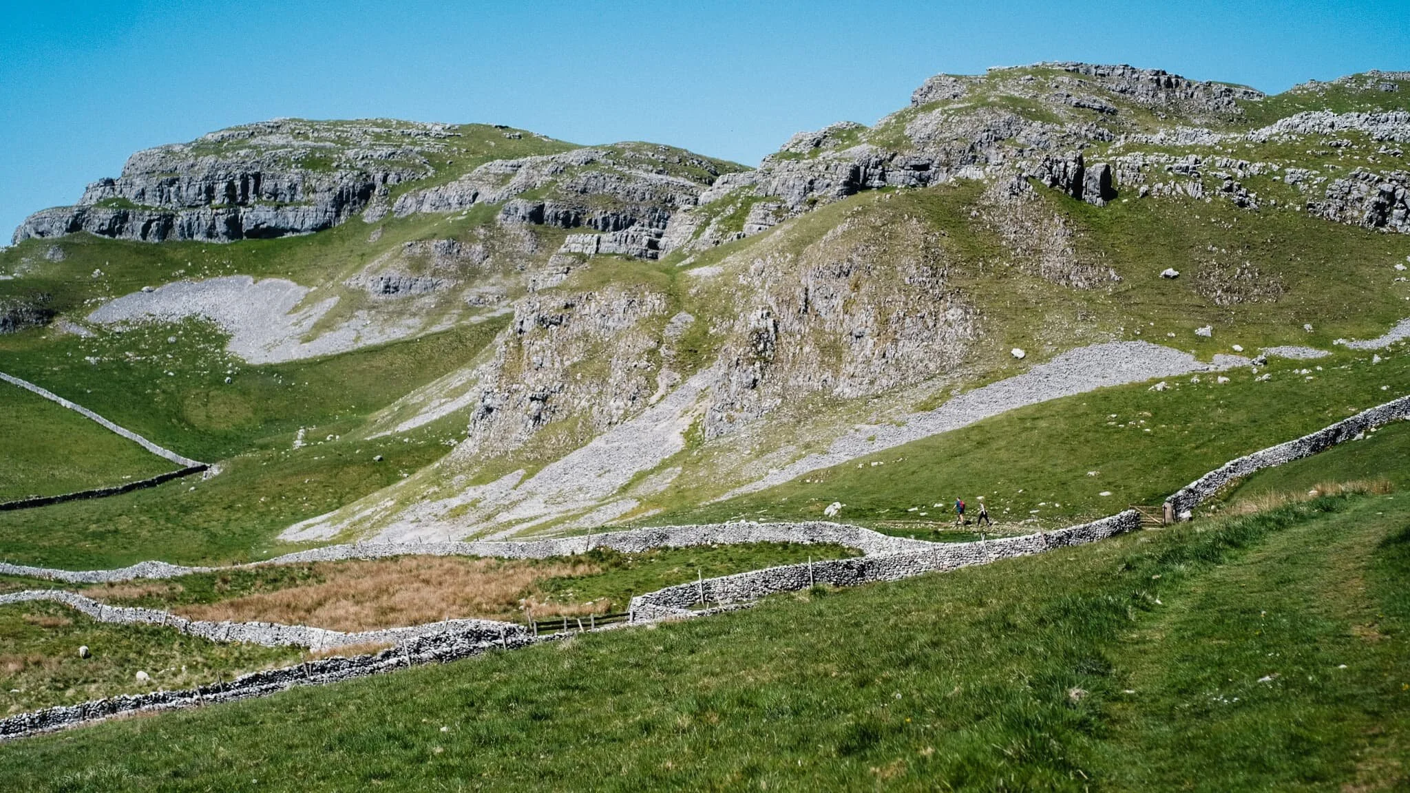 The way to Attermire Scar and Warrendale Knotts. Already we could pick out fellow hikers below the scars as well as rock climbers high up the crags, testing their skills and might.