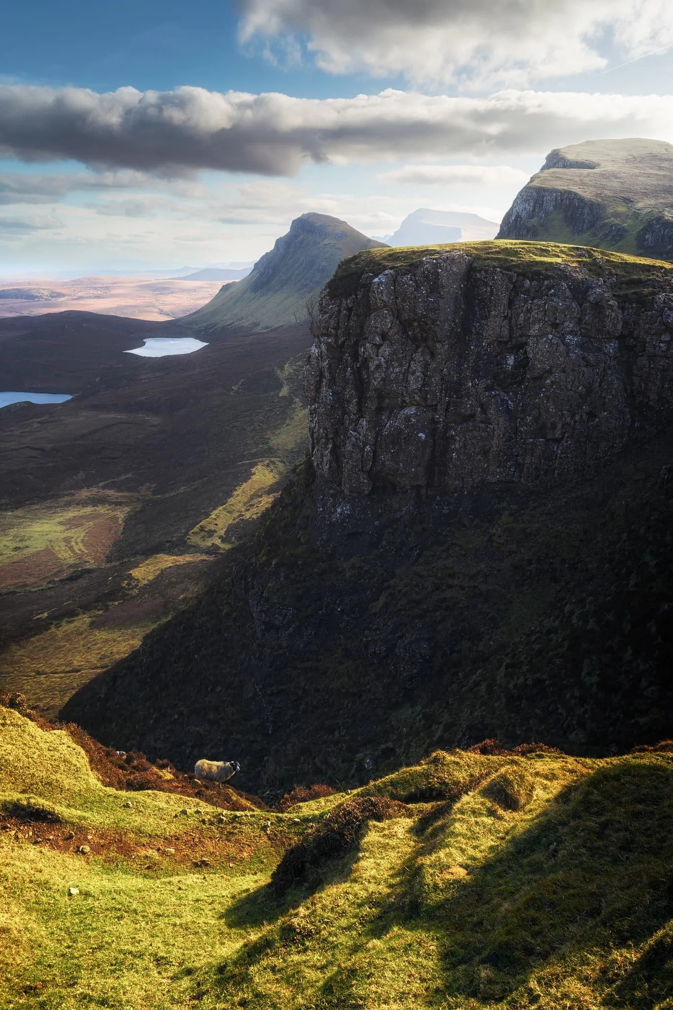 Along the trail north, chunks of the edge of the Quiraing have been cordoned off due to unstable cliffs and to protect rare flora. From one vantage point, as the sun emerged, I nabbed this composition looking straight down to the valley floor, a mountain sheep looking back at me.