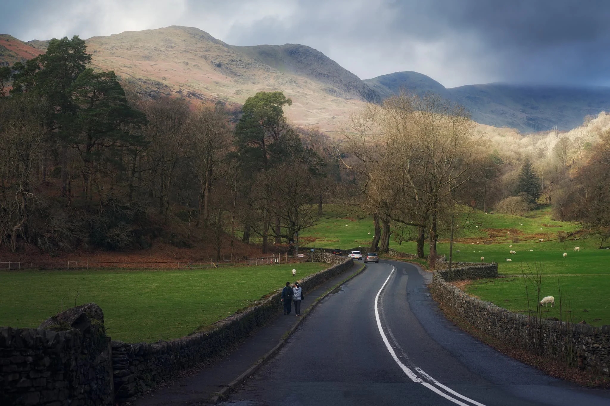 One of the Lake District’s well-known views, often causing sudden brakes by drivers on the A591. Looking towards Rydal, with the Kirkstone fells catching a sweeping lightbeam.
