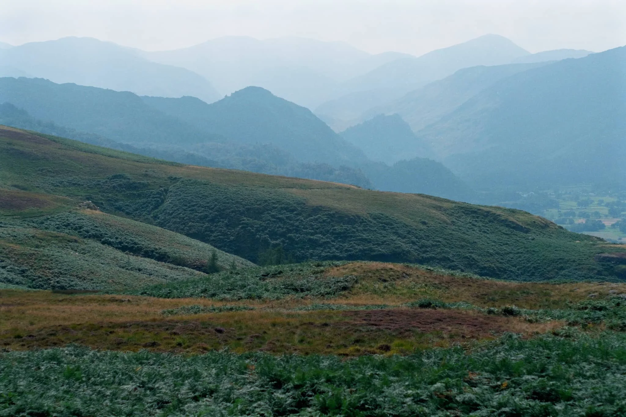 Looking across the moorland and ferns, deep into the Jaws of Borrowdale.